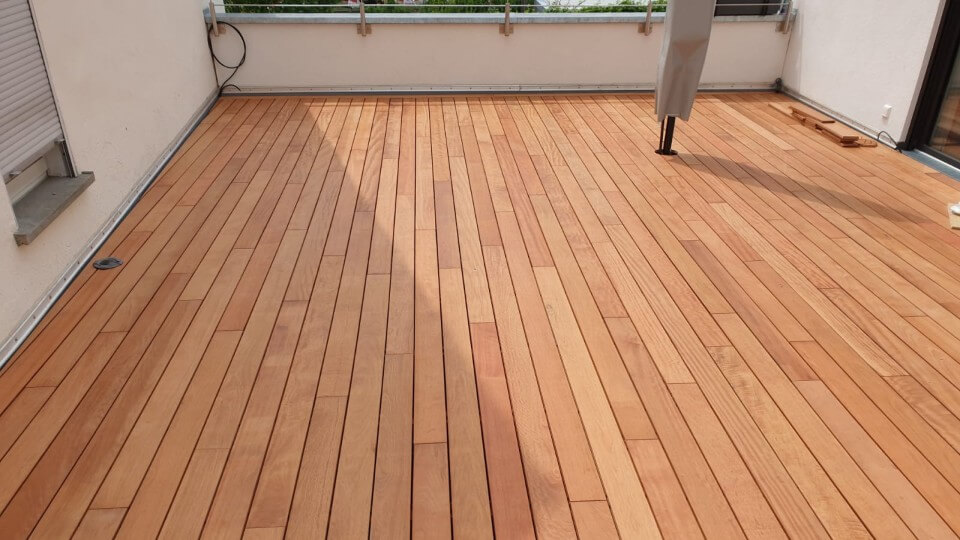 Terrassenparkett aus kurzen Terrassendielen im wilden Verband